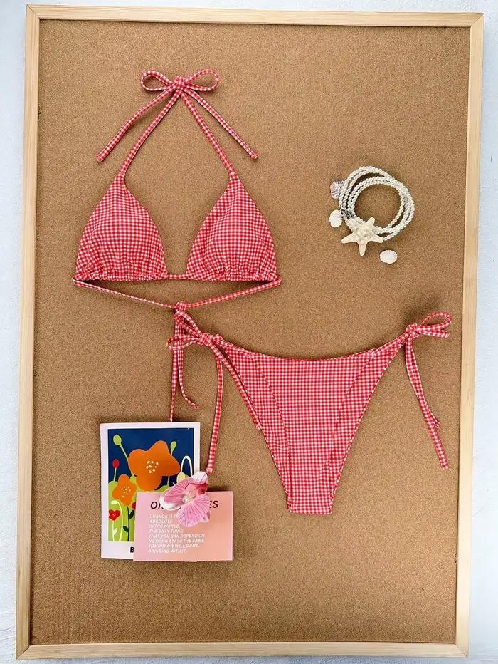 Ensemble de bikini à carreaux rouges mignons - Maillot de bain 2 pièces avec haut triangle et bas à nouer sur les côtés pour les vacances d'été à la plage