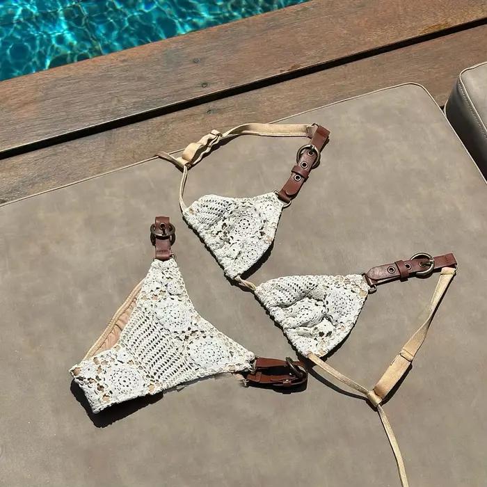 Maillot de bain bikini en dentelle à col en V avec ceinture