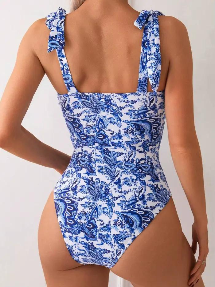 Vintage bleu imprimé fleuri une pièce maillot de bain 2025 femmes cravate sangle V fil mince ventre contrôle maillots