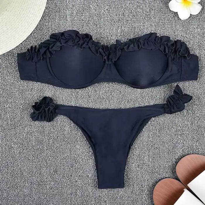 Solide Bikini ensemble femmes maillot de bain Chic volants Micro Bikini fendu maillot de bain été 2025 nouvelle plage épice fille 2 pièces maillots de bain