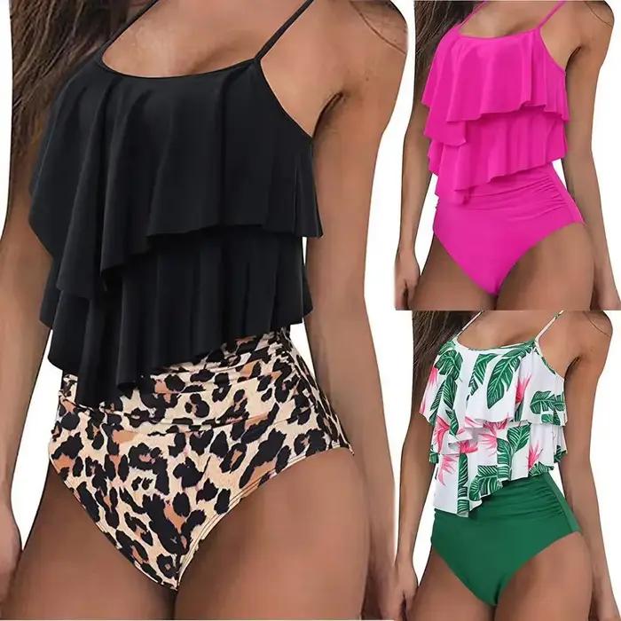 Maillot de bain imprimé léopard pour femmes, bikini taille haute, tankini, imprimé animal, floral, brésilien, à volants, grande taille, 2023