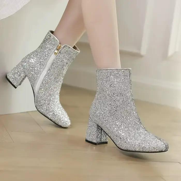 Bottines Chelsea pour femmes, grande taille 48 49 50, or, argent, bleu, tissu pailleté, paillettes, talons hauts épais, scintillants, fête, hiver
