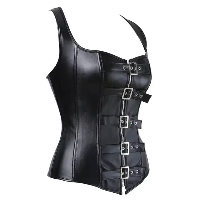 Corset en cuir Bustier grande taille haut Sexy Steampunk gothique Punk surbuste gilet à fermeture éclair Burlesque Pirate Costume noir