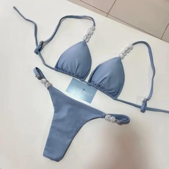 Boho Chic deux pièces ensemble de Bikini avec détails en pierre couleur unie taille haute maillot de bain vacances plage porter maillot de bain femmes