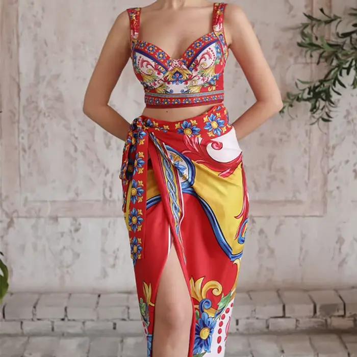 Vintage fronde motif imprimé Bikini ensemble femmes maillots de bain Push Up une pièce maillot