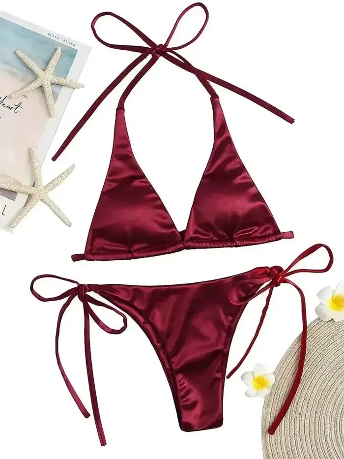 Sexy licou Satin brésilien Bikini femmes maillots de bain femme maillot