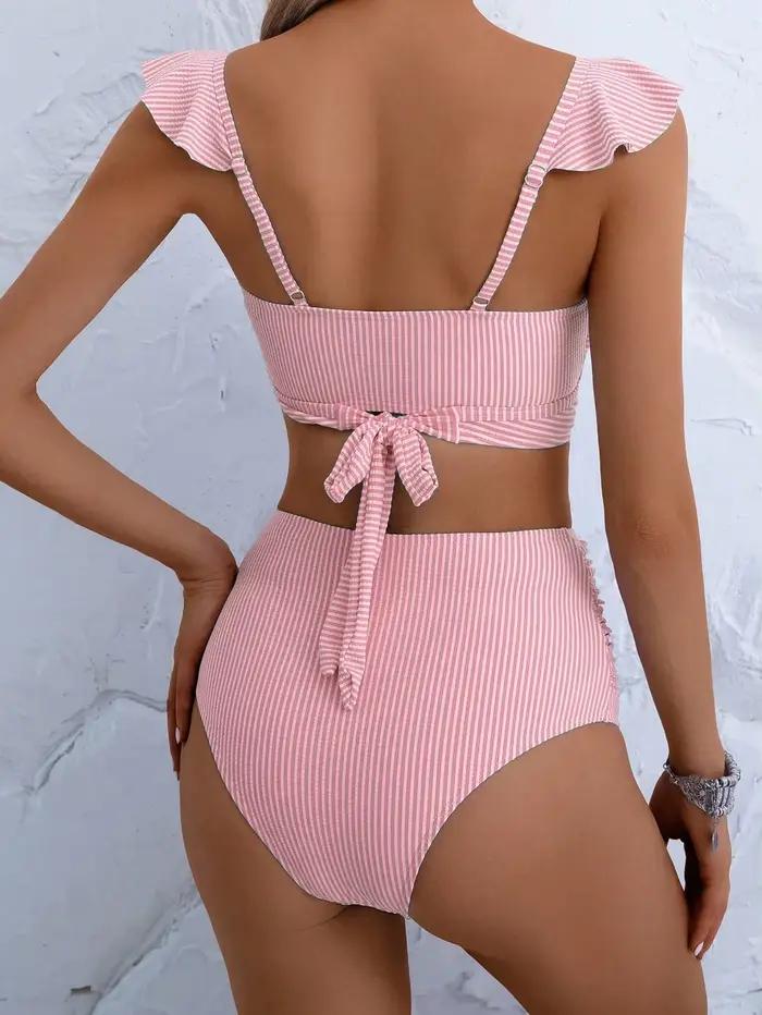 Ensemble bikini rose rayé à volants pour femmes
