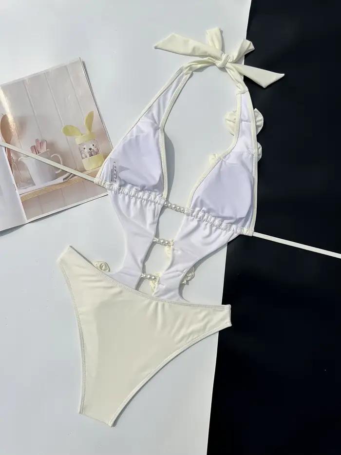 Luxe une pièce maillot de bain fleuri Sexy Bikini femmes Monokini fausse perle maillots