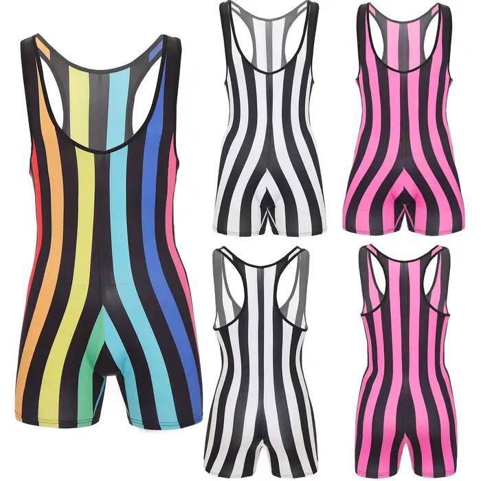 Maillot de bain une pièce pour homme, body rayé, justaucorps, combinaison de lutte, short de plage, combishort, vêtement de musculation