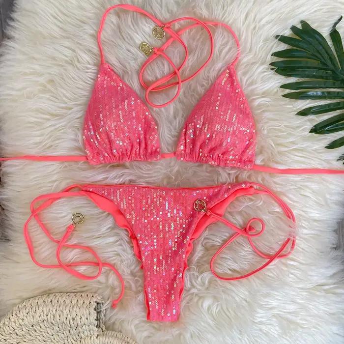 Melphieer Swim 2 pièces femmes été plage vacances froncé Bum paillettes scintillantes plaine licou sangle Bikini ensemble maillot de bain