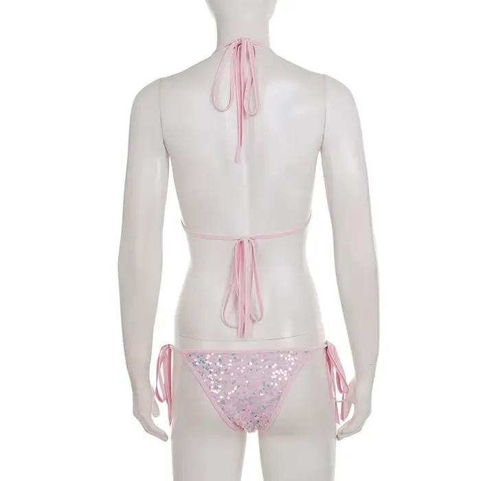 Ensemble de bikini sexy en dentelle rose à lacets pour les vacances à la plage