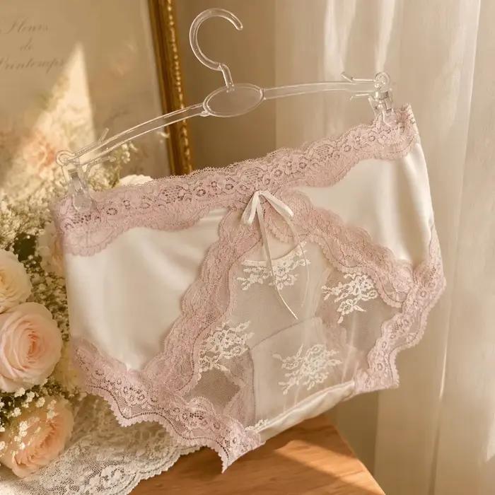 Culottes mi-hautes en dentelle et satin, transparentes, invisibles, avec patchwork en maille et nœuds, pour filles