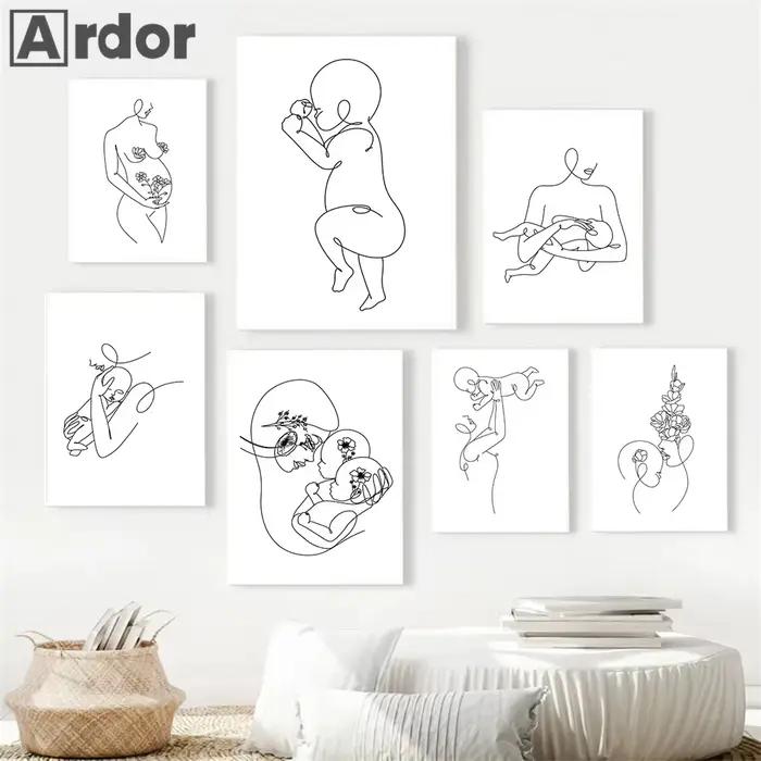 Peinture murale abstraite mère et enfant, dessin de corps de bébé, affiche d'art imprimée, image minimaliste, décor de maison