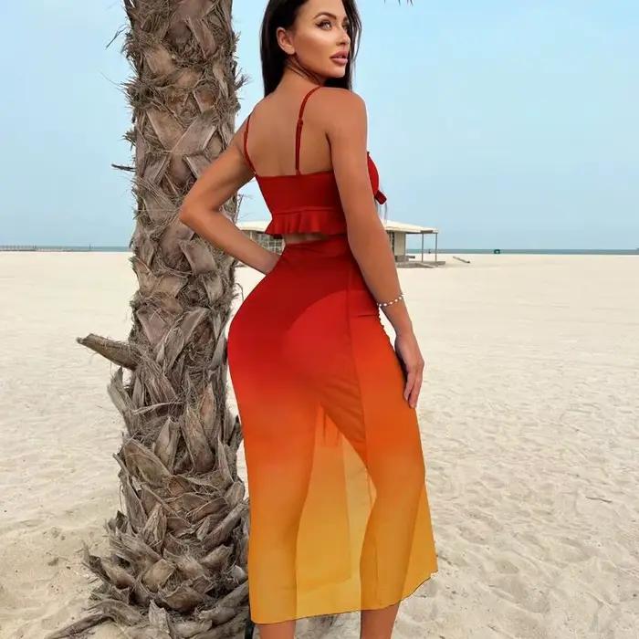 Cikini Sexy dégradé couleur trois pièces maillot de bain maille Bikinis ensemble été