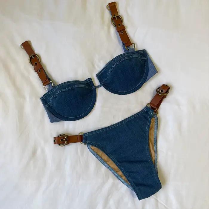 Maillot de bain bikini en dentelle à col en V avec ceinture