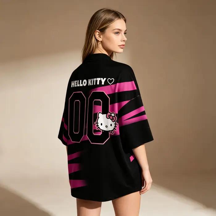 Maillot de football noir et rose Hello-Kitty pour femme, t-shirt surdimensionné à col en V, imprimé numéro 00, manches courtes, streetwear décontracté