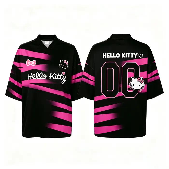 Maillot de football noir et rose Hello-Kitty pour femme, t-shirt surdimensionné à col en V, imprimé numéro 00, manches courtes, streetwear décontracté