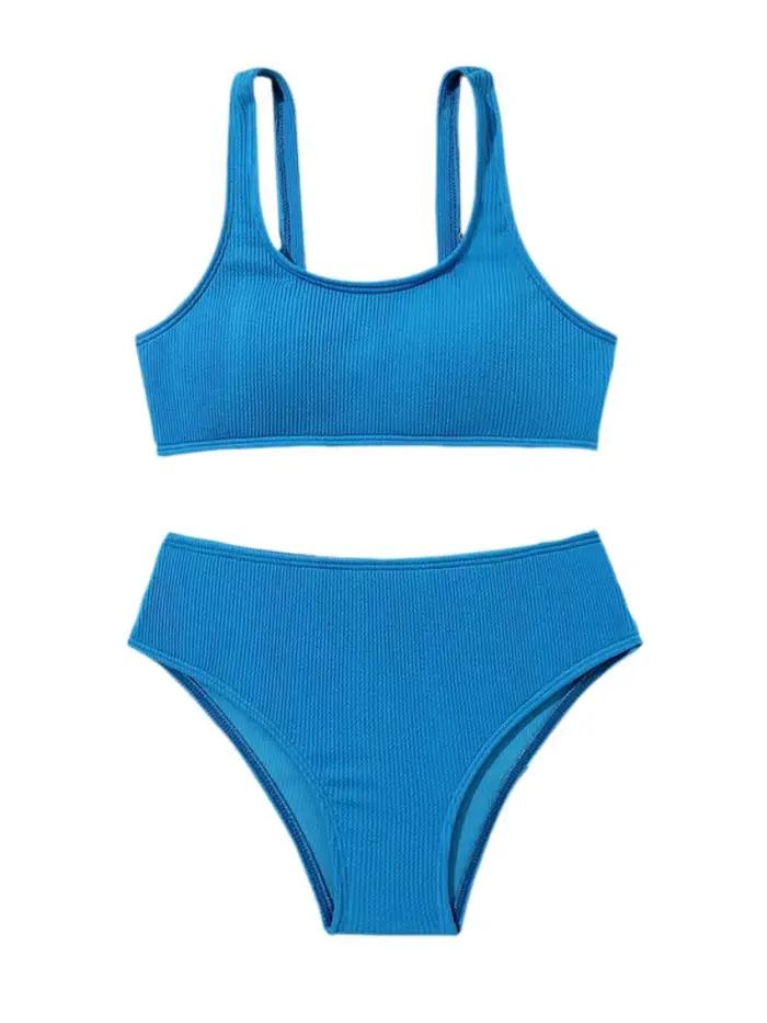 Bikini filles enfants maillot de bain 2026 nouveau bleu côtelé fronde maillots de bain pour enfants été taille haute deux pièces plage maillot de bain natation