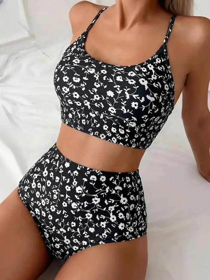 Ensemble de bikini bohème à imprimé floral, maillot de bain deux pièces taille haute pour femme, bretelles spaghetti, tenue de plage estivale