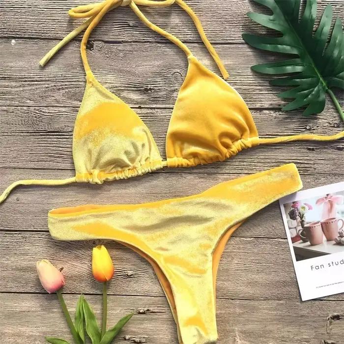 Bikini vintage velours pour femme, ensemble 2 pièces avec lacets, maillot de bain dos nu à col licou, pour plage, mariage et vacances