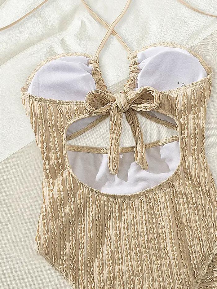 Vintage kaki une pièce maillot de bain maille jupe ensemble femmes licou croix évider mince maillots