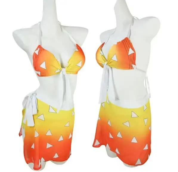 Anime démon Slayer maillot de bain Bikini avec Kimono couvrir femmes Nezuko Shinobu Cosplay Kimetsu No Yaiba maillots de bain Sexy maillot de bain
