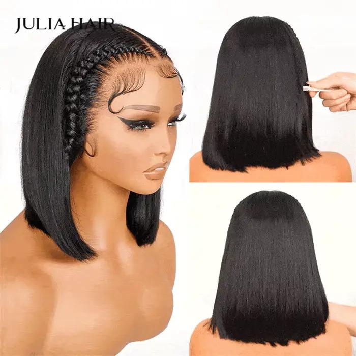 Julia Hair-Perruque Bob droite sans colle Yaki, 7x5, Bye Bye Knots, Gluless BOb Human Hair, Wear and Go Lace Front Wig