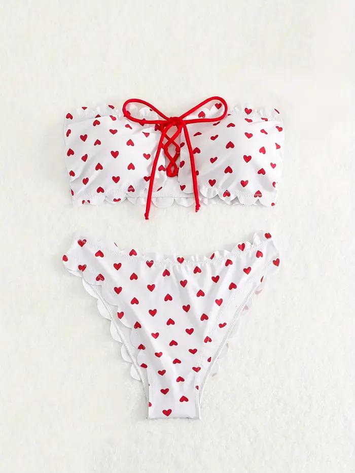 Ensemble bikini bandeau 2 pièces à motif cœur