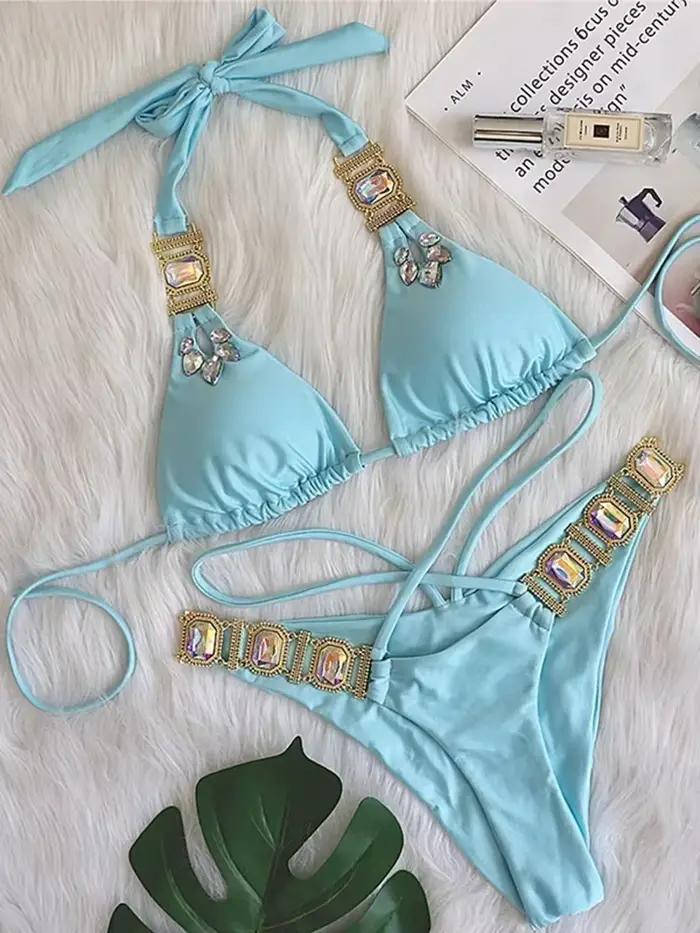 Licou bijoux diamant Bikini femmes maillot de bain femme Triangle maillots de bain deux pièces Bikini ensemble brésilien baigneur maillot de bain bain