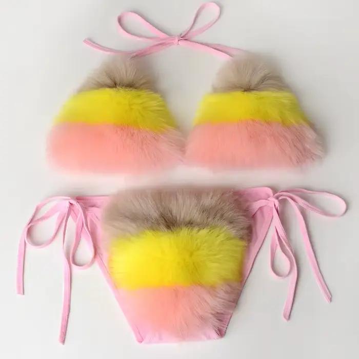 Arc-en-ciel rayé femmes en peluche fourrure Bikinis ensemble maillot de bain sport fausse