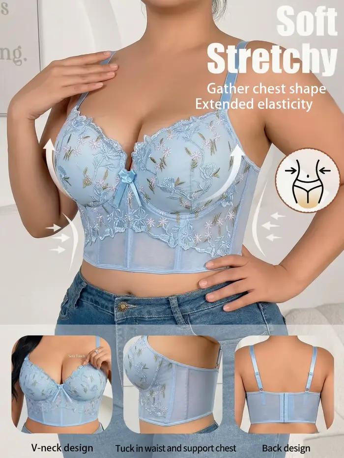 Soutien-gorge bustier en dentelle brodée florale grande taille – Push-up, effet ventre plat et corset antidérapant