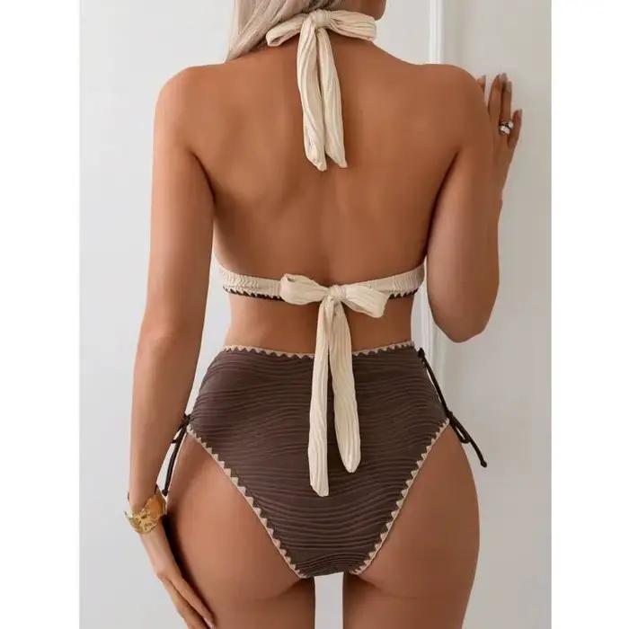 Bikini Taille Haute Femmes Maillots de Bain Plage Vacances Piscine Fête Style de Plage Col Triangulaire Nylon Élasthanne