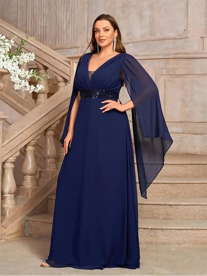 Robe de soirée longue en mousseline de soie bleu foncé grande taille 4XL 5XL avec col en V et manches châle