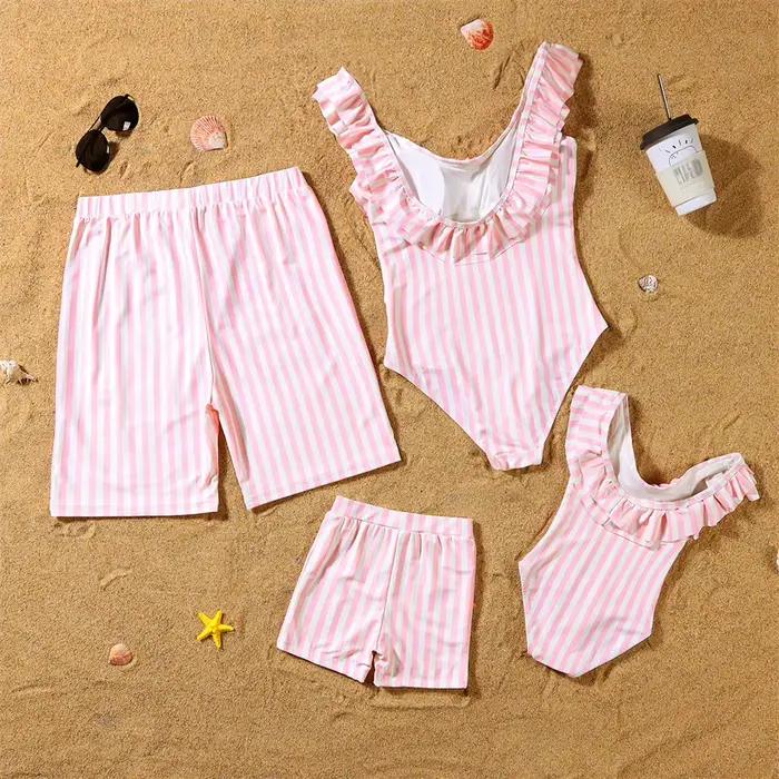 Maillots de bain assortis à volants pour mère et fille, ensemble familial à rayures, une pièce, pour maman et moi