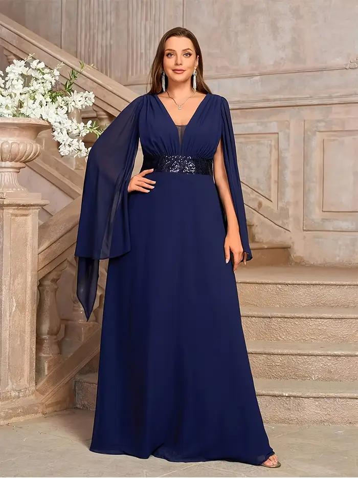 Robe de soirée longue en mousseline de soie bleu foncé grande taille 4XL 5XL avec col en V et manches châle