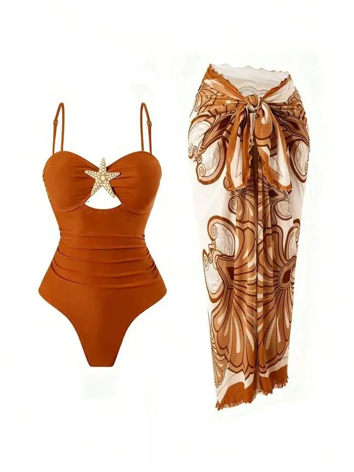 Ensemble de maillots de bain vintage à imprimé floral orange pour femme