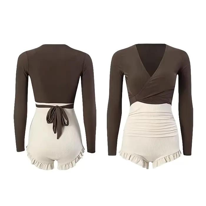 Maillot de bain femme marron beige, col en V, manches longues, ourlet à volants, coupe haute, effet ventre plat, pour l'été et la plage