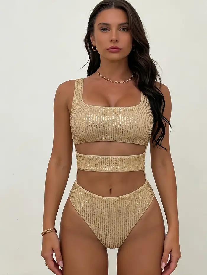 Maillot de bain une pièce sexy doré à sequins brillants pour femme 2026