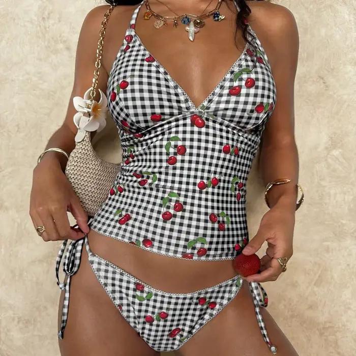Maillot de bain deux pièces Fresh Cherry, design amincissant triangulaire pour filles et femmes, tissu en nylon avec doublure en polyester, adapté pour...