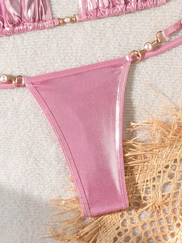Bikini string de luxe en perles 2026 pour femme, soutien-gorge push-up rose brillant, micro maillot de bain brésilien, maillot de bain triangle pour la plage