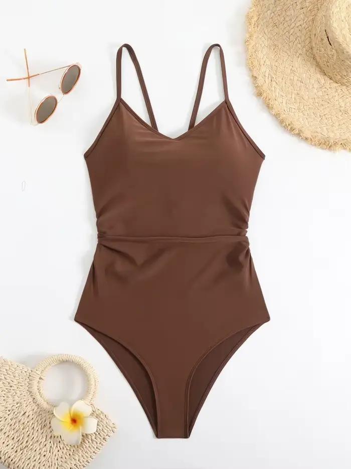 Maillot de bain une pièce pour femmes, couleur unie, col en V, Sexy, Monokini, dos nu, vêtements de plage, nouvelle collection, été, 2026