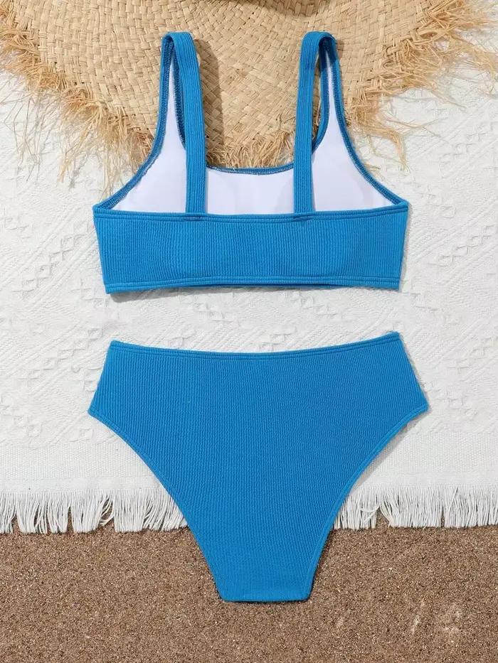 Bikini filles enfants maillot de bain 2026 nouveau bleu côtelé fronde maillots de bain pour enfants été taille haute deux pièces plage maillot de bain natation