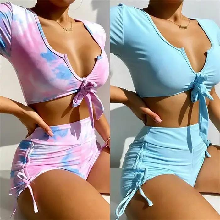 Maillot de bain deux pièces 2026 pour femme, manches courtes, taille haute, nœud papillon, imprimé serpent, tenue de plage, Banadores Mujer