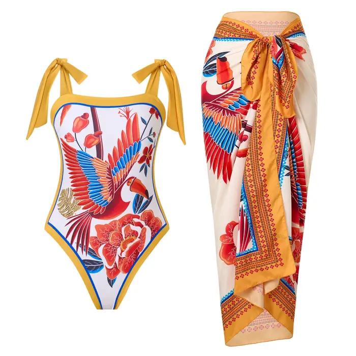 Maillot de bain une pièce imprimé avec jupe de plage pour femmes, tenue de bain estivale pour nager et plage, ajustement parfait, design moderne