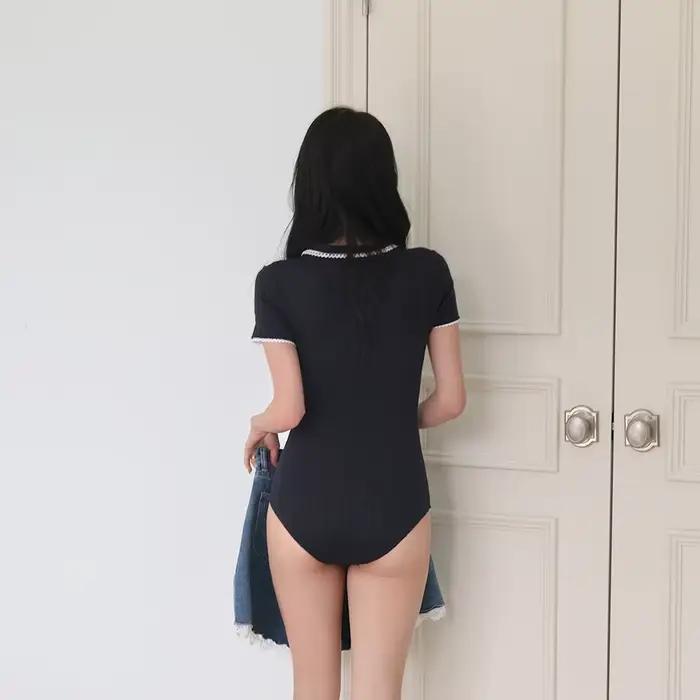 Maillot de bain en tissu tricoté pour femmes, combinaison amincissante, manches courtes, couleur Pure, en Polyester, sensation confortable