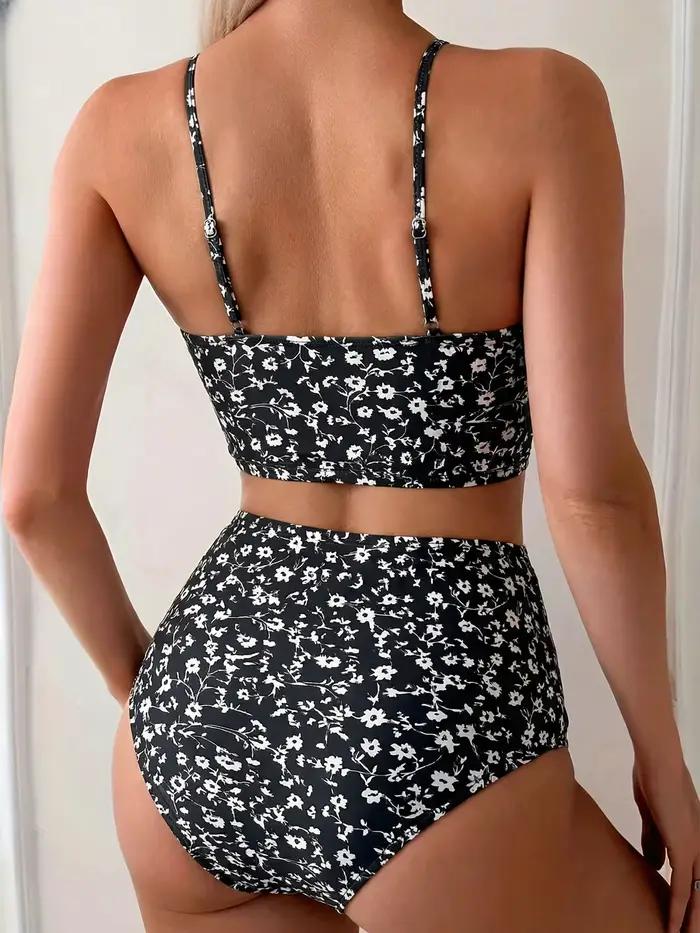 Ensemble de bikini bohème à imprimé floral, maillot de bain deux pièces taille haute pour femme, bretelles spaghetti, tenue de plage estivale