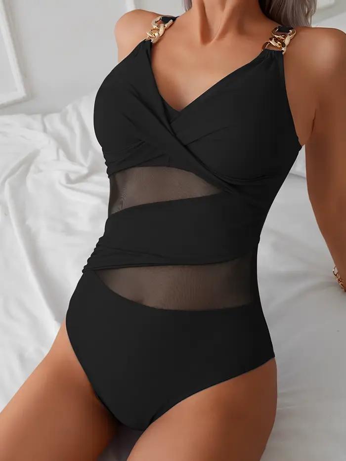 Maillot de bain une pièce avec chaîne pour femmes, Sexy, en maille, Patchwork, col en v, Monokini, vêtements de plage, nouvelle collection 2026