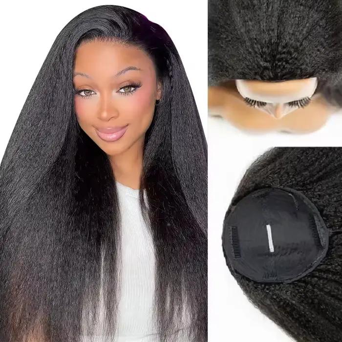 Yaki droite demi perruque crépus droite sans colle perruques cheveux humains Invisible délié rabat sur InvisiFit sangle perruque