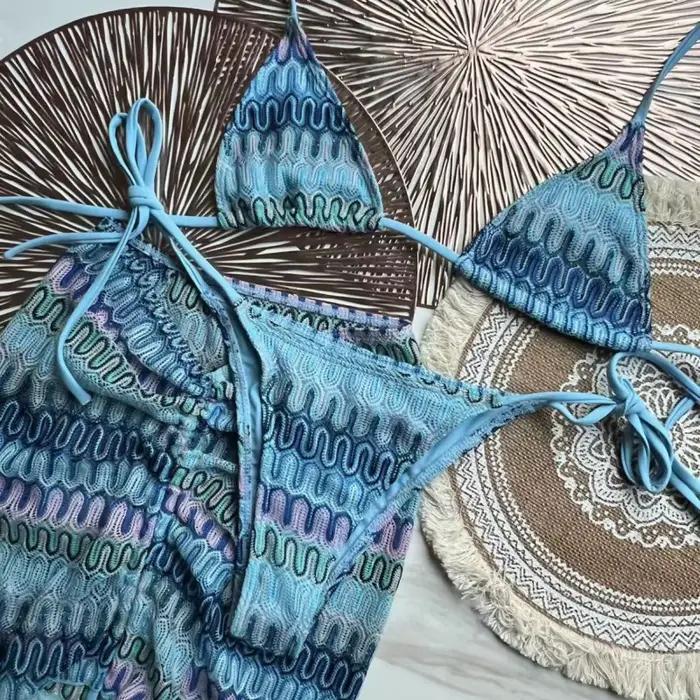 Maillot de bain 3 pièces tricoté pour femmes, ensemble Bikini avec couverture portefeuille, col licou, pour les vacances à la plage, nouvelle collection été