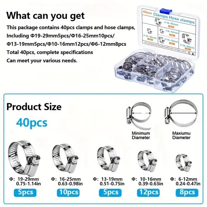 Colliers de serrage à vis sans fin pour tuyaux, 40/120 pièces, 5 tailles de colliers de serrage pour tuyaux d'eau, tuyaux de gaz, tuyaux en silicone